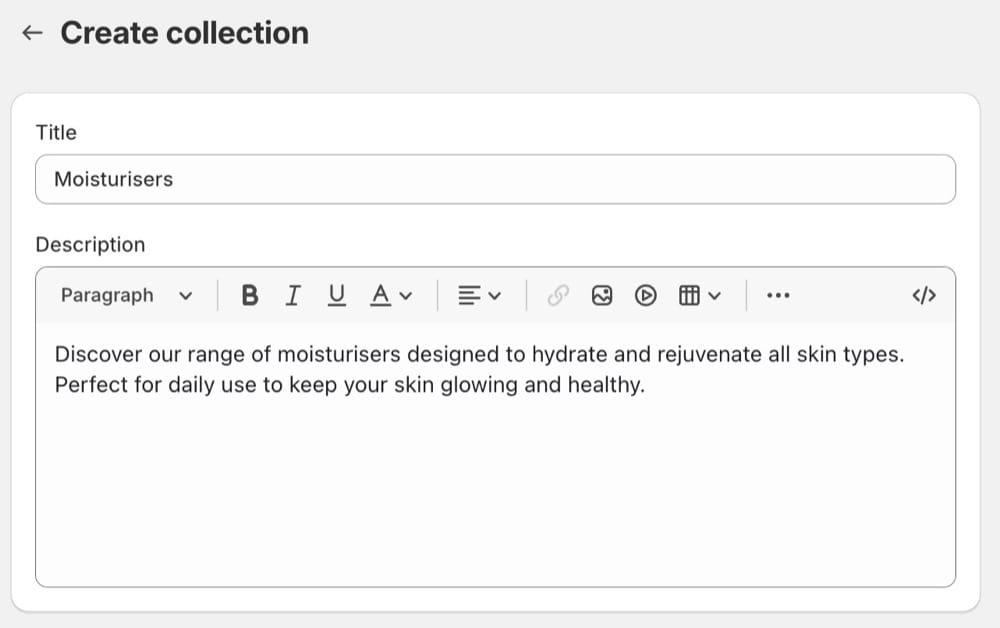 Screenshot example of collection page description