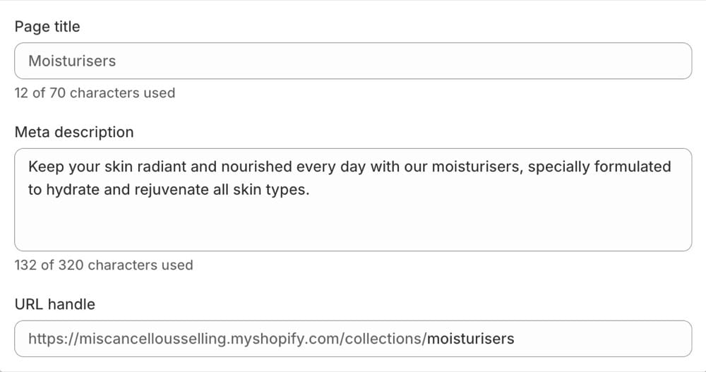 Screenshot meta description example for collection page